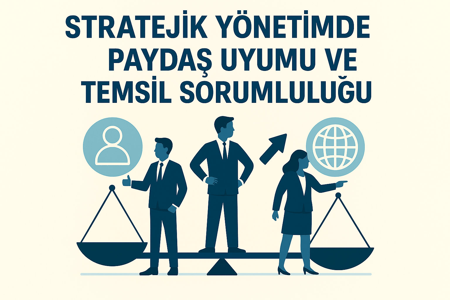 Stratejik yönetimde paydaş uyumu ve temsil sorumluluğunu simgeleyen, terazide dengelenmiş üç iş insanının yer aldığı illüstrasyon